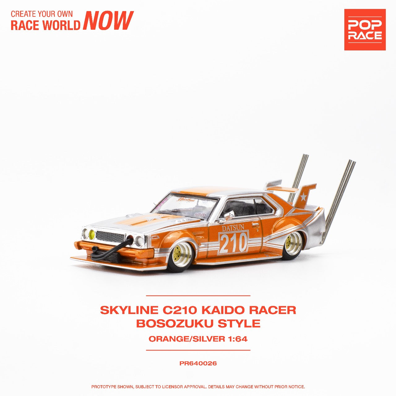 POPRACE 1/64 Skyline C210 Kaido Racer - Bosozoku Style Silver/Orange PR640026