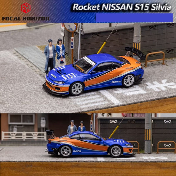 FOCAL HORIZON 1/64 Silvia S15 Pandem Rocket Bunny High Wing - BLUE / ORANGE