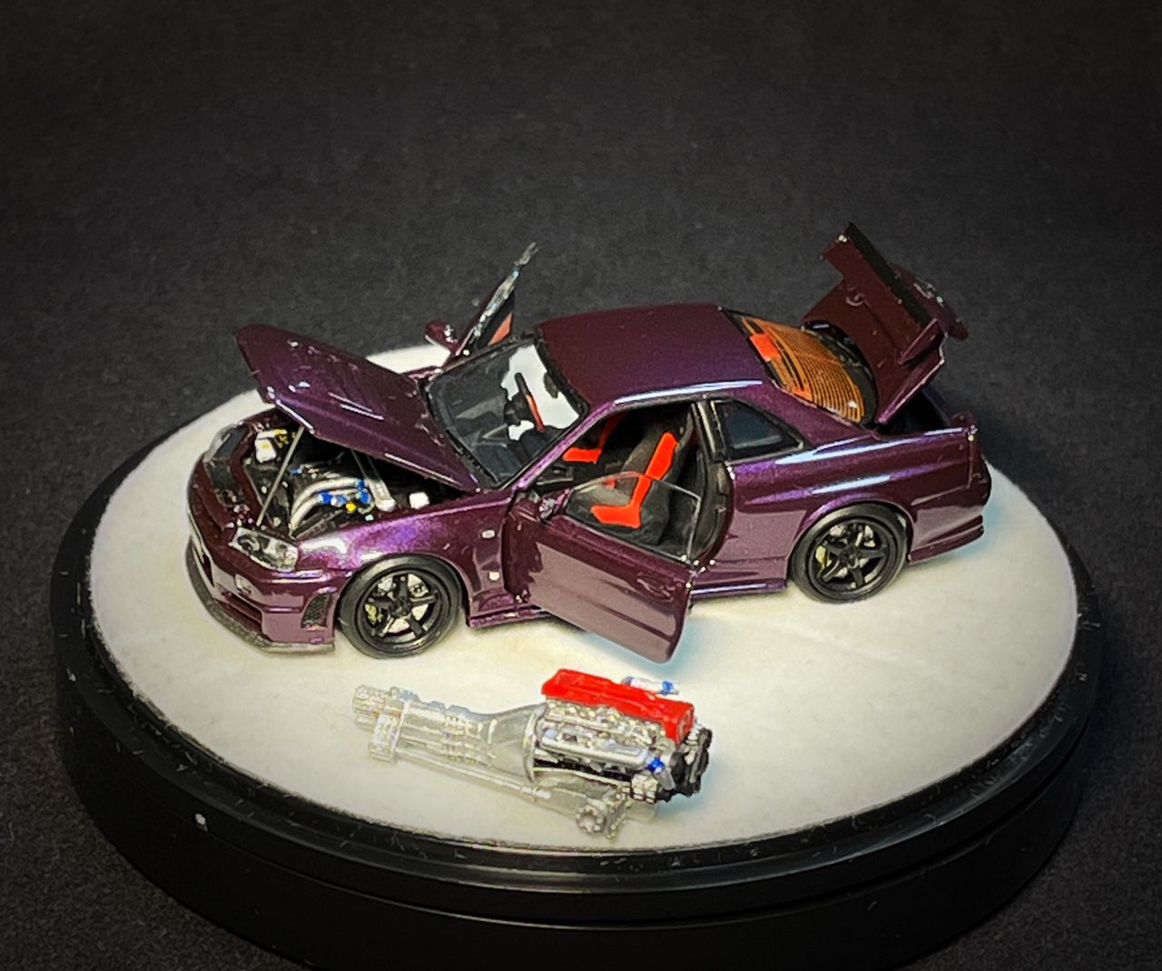 PGM x One Model 1/64 R34 Z Tune Midnight Puprle Fully Opened (B) Delux Round Display Box