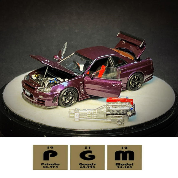 PREORDER PGM x One Model 1/64 R34 Z Tune Midnight Puprle Fully Opened (B) Delux Round Display Box (Approx. Release Date : Q1 2024 subject to the manufacturer's final decision)