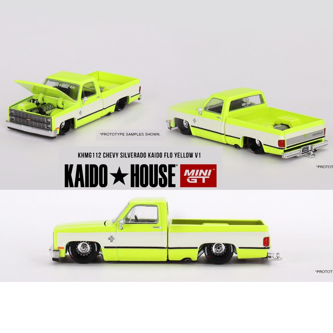 MINI GT x Kaido House 1/64 Chevrolet Silverado KAIDO Flo Yellow V1 KHMG112
