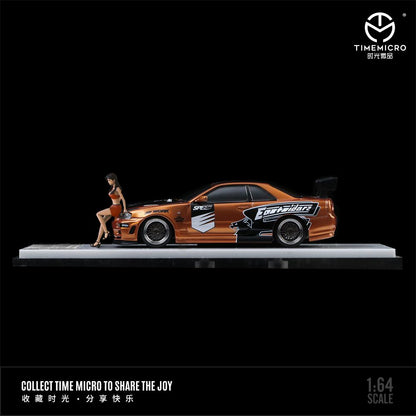 TIME MICRO 1/64 Need For Speed GT-R R34 Gold / Orange with Figurine TM643424-1