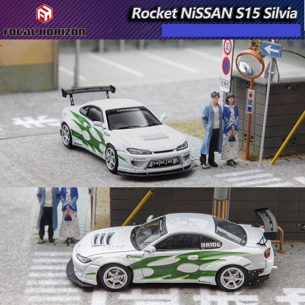 PREORDER FOCAL HORIZON 1/64 Rocket Nissan S15 Silvia White / Green (Approx. Release Date: APRIL 2024 and subject to the manufacturer's final decision)
