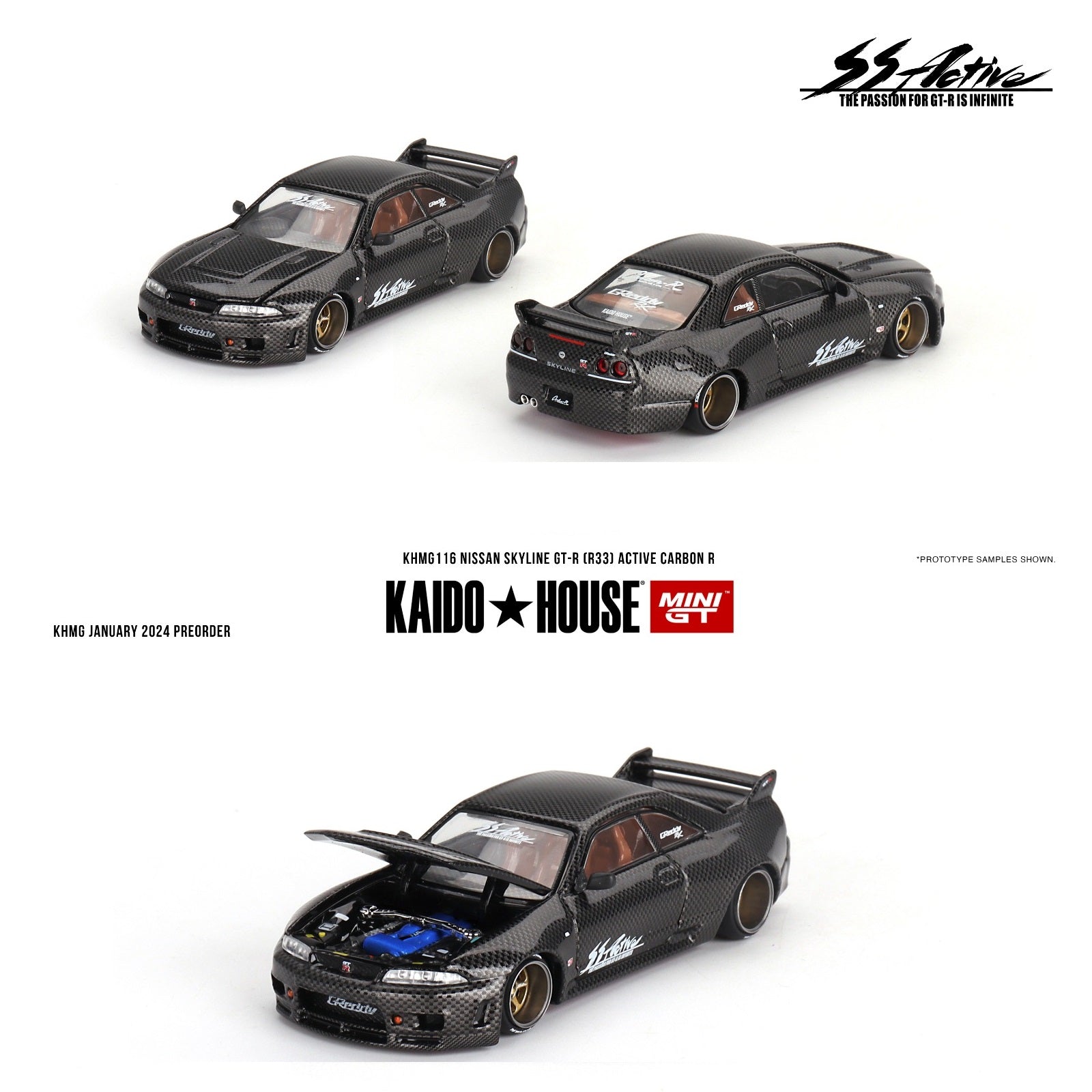 MINI GT x Kaido House 1/64 Nissan Skyline GT-R (R33) Active Carbon