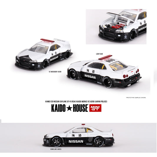 MINI GT x Kaido House 1/64 Nissan Skyline GT-R R34 Kaido Works (V2 Aero) Police KHMG120