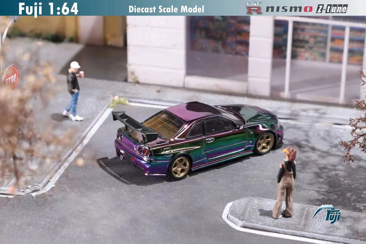 FUJI 1/64 Skyline GT-R R34 Nismo Z-Tune High Wing - Magic Purple Green  with golden wheel