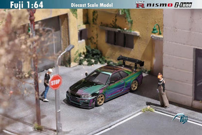 FUJI 1/64 Skyline GT-R R34 Nismo Z-Tune High Wing - Magic Purple Green  with golden wheel