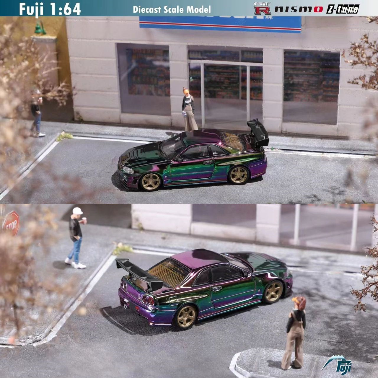 FUJI 1/64 Skyline GT-R R34 Nismo Z-Tune High Wing - Magic Purple Green  with golden wheel