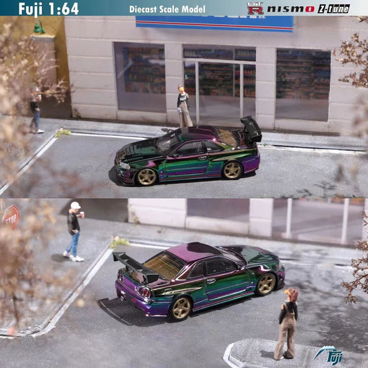 FUJI 1/64 Skyline GT-R R34 Nismo Z-Tune High Wing - Magic Purple Green  with golden wheel