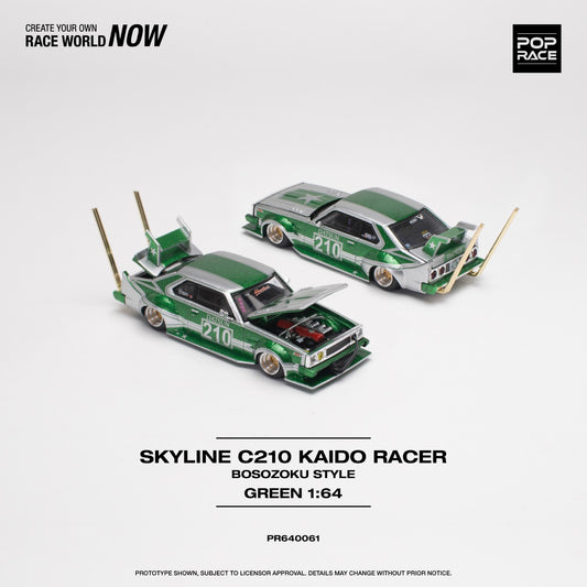 POPRACE 1/64 Skyline C210 Kaido Racer (Bosozoku Style) - Silver/Green PR640061