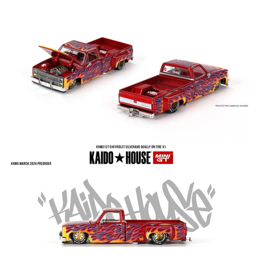 MINI GT x Kaido House 1/64 Chevrolet Silverado Dually on Fire V1 KHMG127