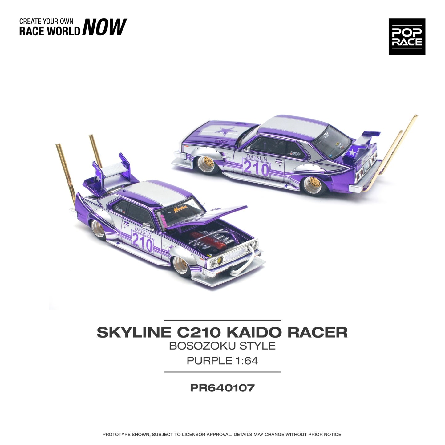 POPRACE 1/64 SKYLINE C210 KAIDO RACER (BOSOZOKU STYLE) PURPLE CHROME/SILVER PR640107