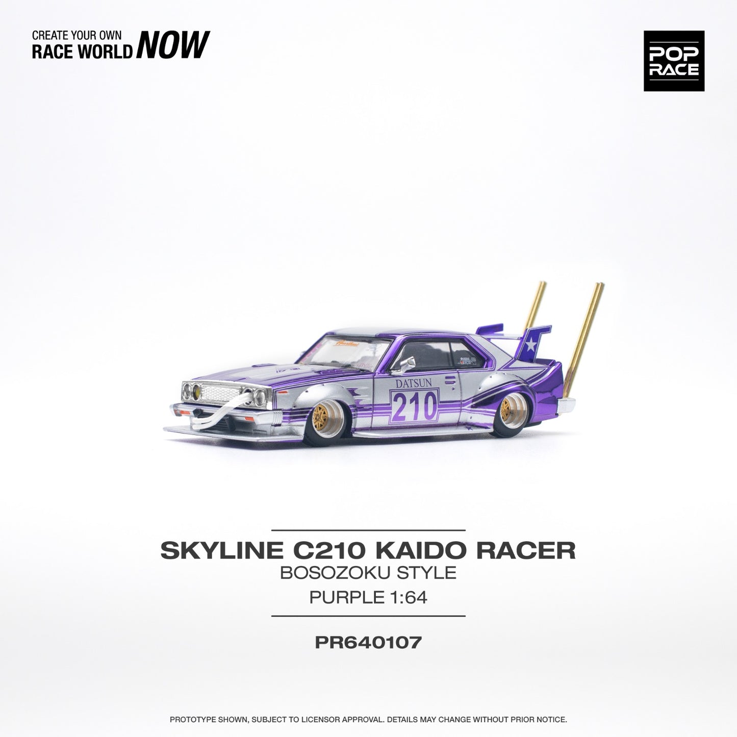 POPRACE 1/64 SKYLINE C210 KAIDO RACER (BOSOZOKU STYLE) PURPLE CHROME/SILVER PR640107