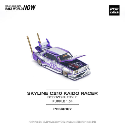 POPRACE 1/64 SKYLINE C210 KAIDO RACER (BOSOZOKU STYLE) PURPLE CHROME/SILVER PR640107