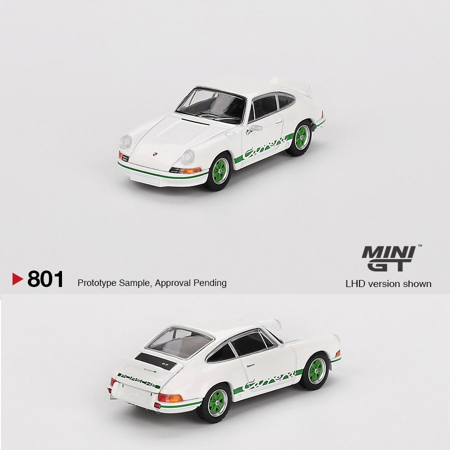 MINI GT 1/64 Porsche 911 Carrera RS 2.7 Grand Prix White with Green Livery MGT00801-BL
