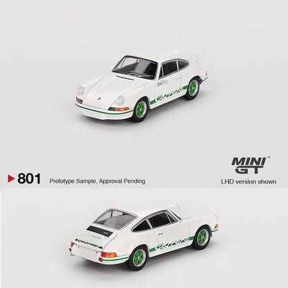 MINI GT 1/64 Porsche 911 Carrera RS 2.7 Grand Prix White with Green Livery MGT00801-BL