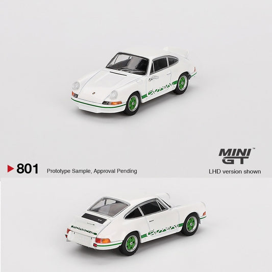 MINI GT 1/64 Porsche 911 Carrera RS 2.7 Grand Prix White with Green Livery MGT00801-BL