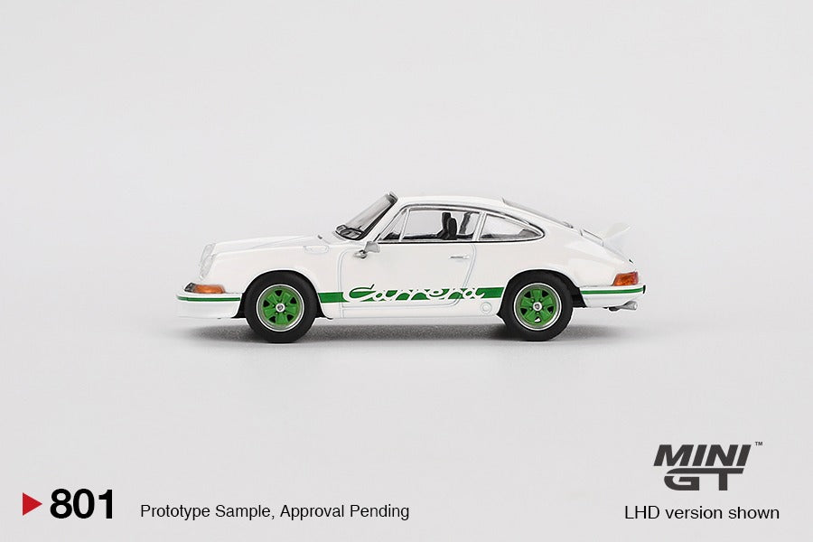 MINI GT 1/64 Porsche 911 Carrera RS 2.7 Grand Prix White with Green Livery MGT00801-BL