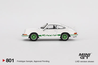 MINI GT 1/64 Porsche 911 Carrera RS 2.7 Grand Prix White with Green Livery MGT00801-BL