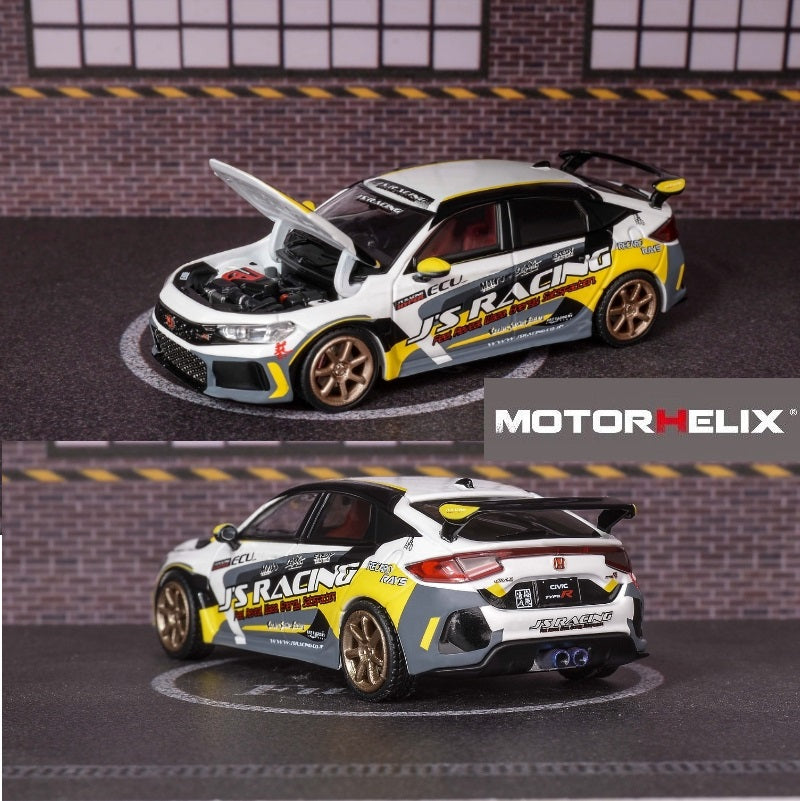 PREORDER MOTORHELIX 1/64 Honda Civic Type R FL5 J's Racing - White/Yellow (Approx. Release Date: SEPTEMBER 2024 and subject to the manufacturer's final decision)