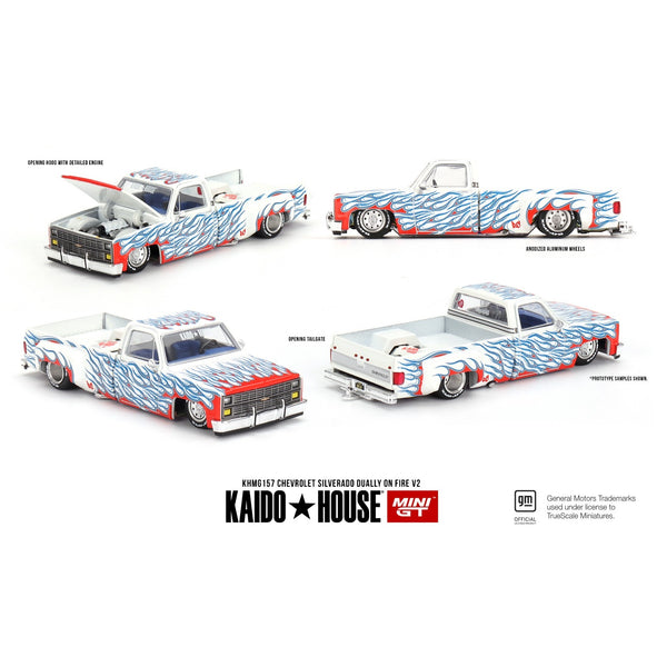 PREORDER MINI GT x Kaido House 1/64 Chevrolet Silverado Dually on Fire V2 KHMG157 (Approx. Release Date : Q4 2024 subject to manufacturer's final decision)