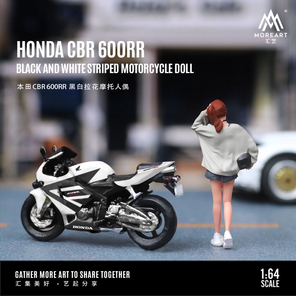 PREORDER MOREART 1/64 HONDA CBR 6OORR BLACK AND WHITE MOTORCYCLE with Figurine MO222095 (Approx. Release Date : December 2024 subject to manufacturer's final decision)