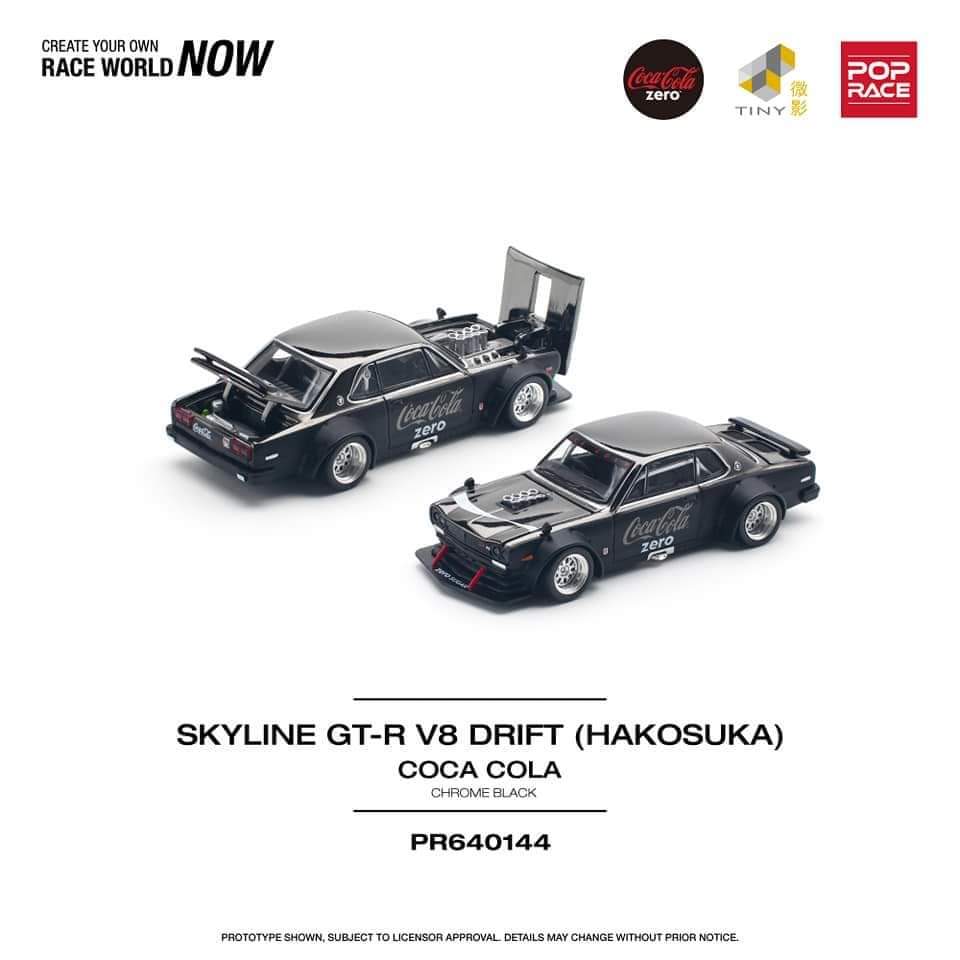 POPRACE 1/64 SKYLINE GT-R V8 DRIFT (HAKOSUKA) COCA COLA ZERO CHROME BLACK PR640144