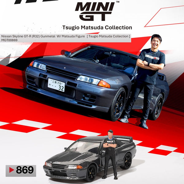 PREORDER MINI GT 1/64 Nissan Skyline GT-R (R32) Nismo Gunmetal w/ Matsuda Figure (Tsugio Matsuda Collection) MGT00869-R (Approx. Release Date : Q1 2025 subject to manufacturer's final decision)