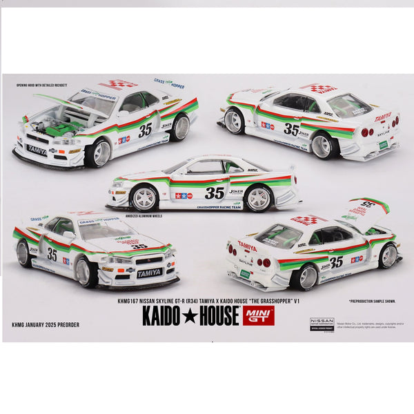 PREORDER MINI GT x Kaido House 1/64 Nissan Skyline GT-R (R34) TAMIYA x KAIDO HOUSE "The GRASSHOPPER" V1  KHMG167 (Approx. Release Date : Q2 2025 subject to manufacturer's final decision)