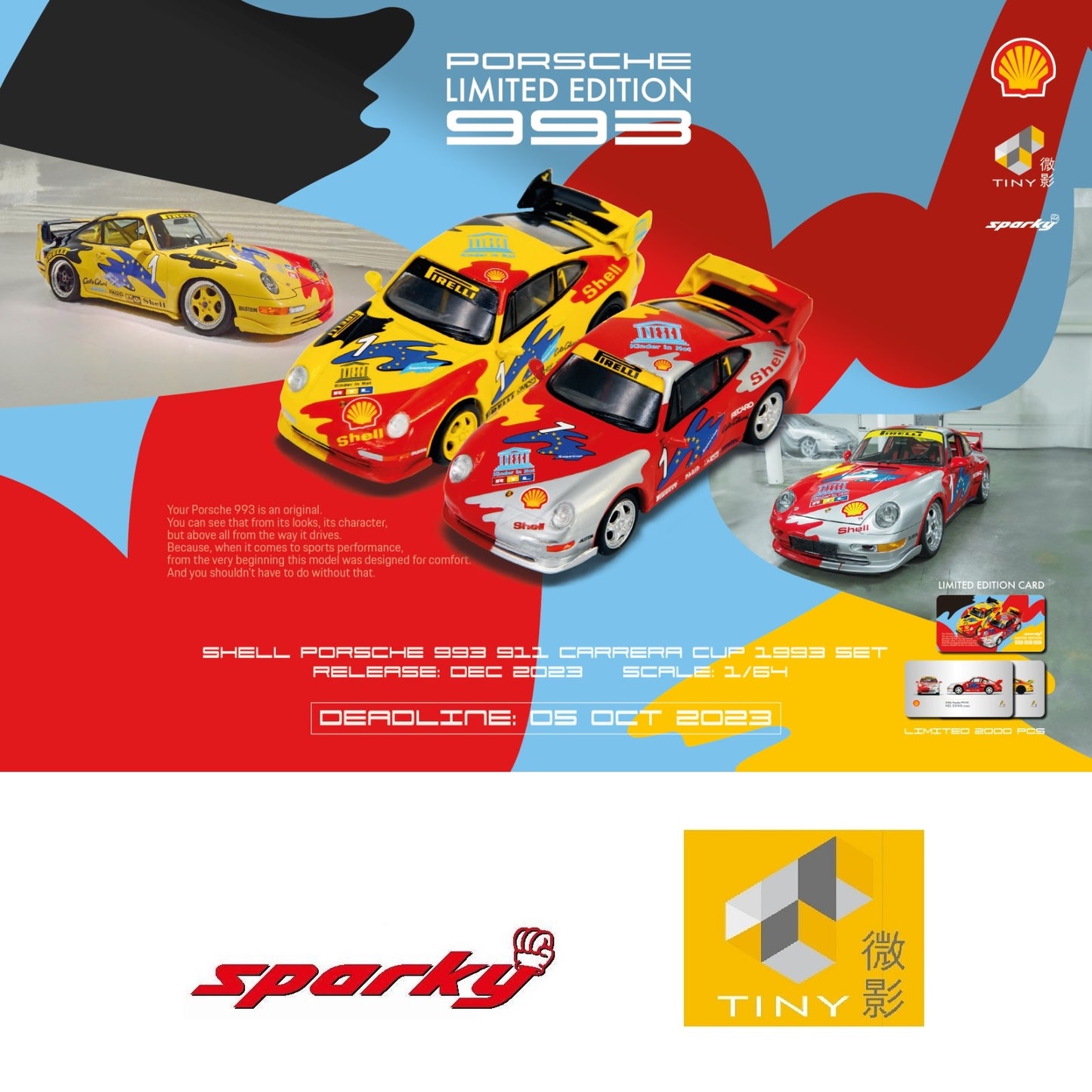 TINY x SPARKY 1/64 Porsche 993 Carrera Cup 1993 Shell Combo with rear spoiler