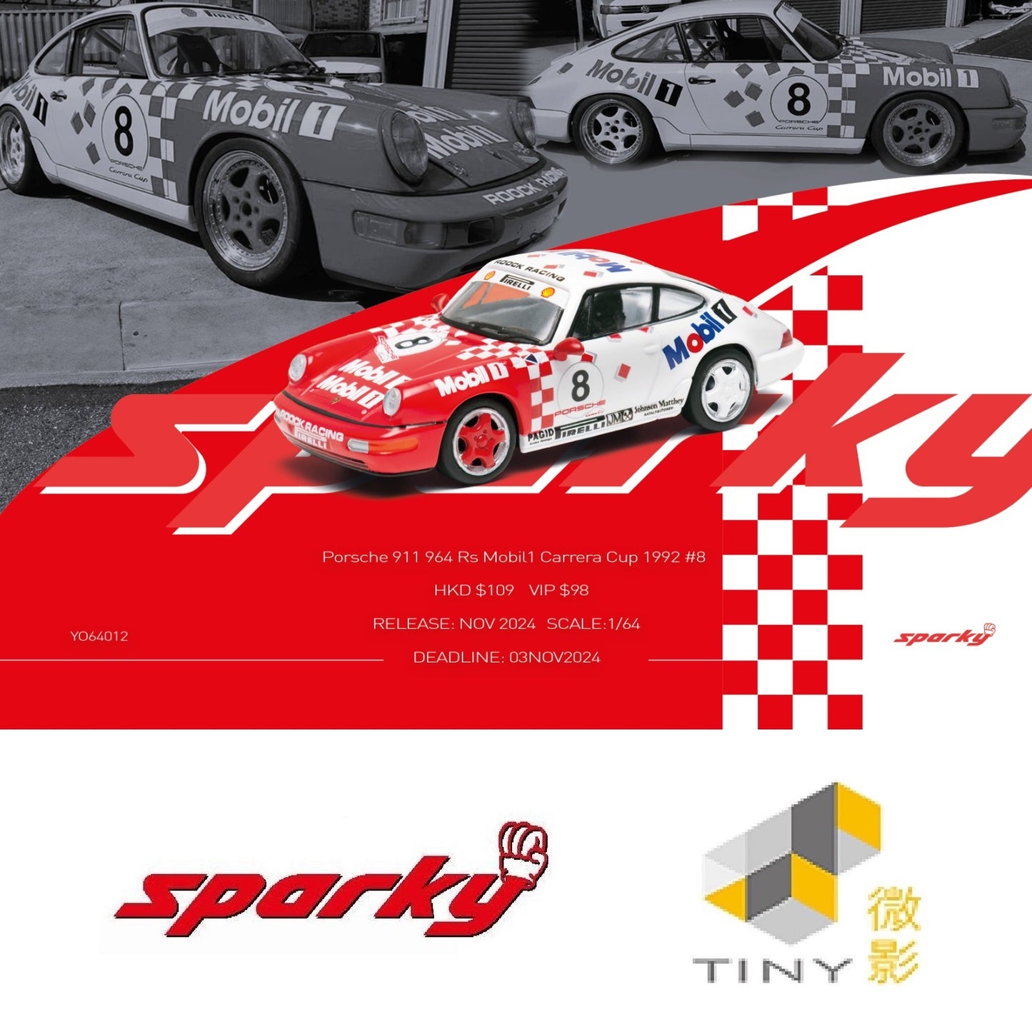 SPARKY x TINY 1/64 Porsche 911 964 Rs Mobil1 Carrera Cup 1992 #8  (Tiny Exclusive) YO64012