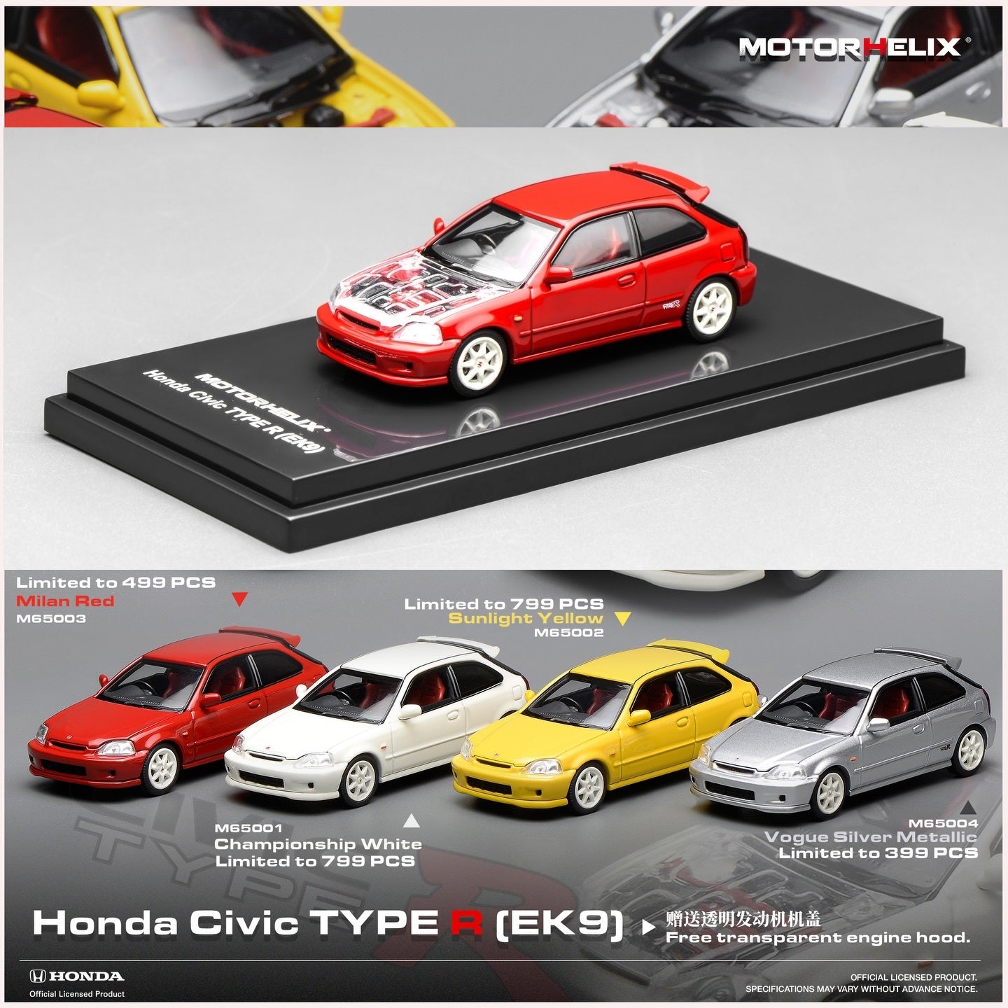 MOTORHELIX 1/64 Honda Civic TYPE R (EK9) - Milan Red Limited to 499 pcs MH65003