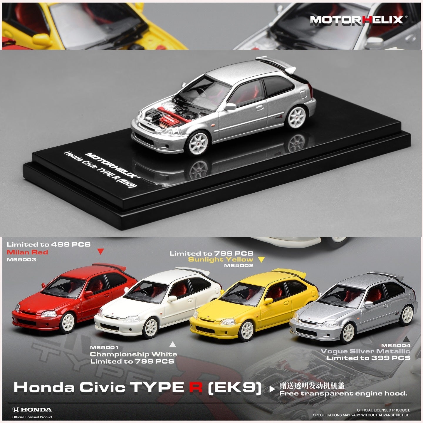 MOTORHELIX 1/64 Honda Civic TYPE R (EK9) - Vogue Silver Metallic Limited to 399 pcs MH65004