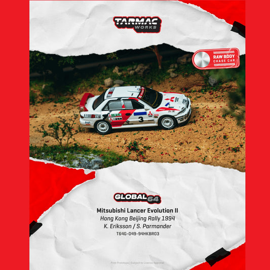 PREORDER TARMAC GLOBAL64 1/64 Mitsubishi Lancer Evolution II Hong Kong Beijing Rally 1994 K. Eriksson / S. Parmander T64G-049-94HKBR03 (Approx. Release Date :  JUNE 2026 subject to manufacturer's final decision)