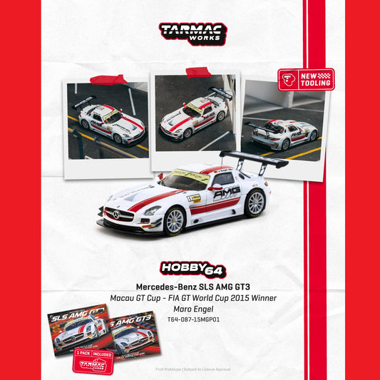 PREORDER TARMAC HOBBY64 1/64 Mercedes-Benz SLS AMG GT3 Macau GT Cup - FIA GT World Cup 2015 Winner Maro Engel Model Car + Trading Cards Combo Set T64-087-15MGP01 (Approx. Release Date :  MAY 2026 subject to manufacturer's final decision)