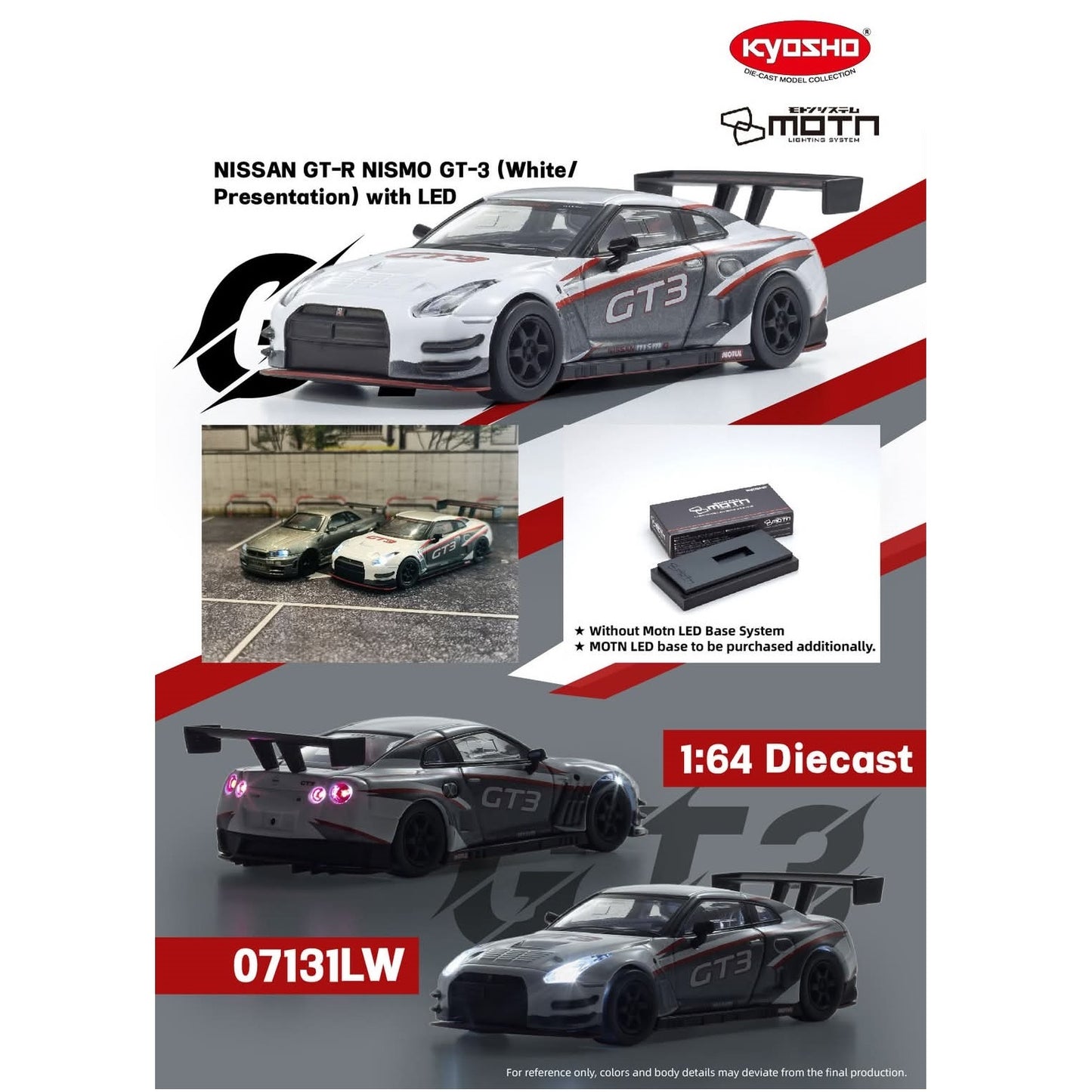 KYOSHO 1/64 Nissan GT-R Nismo GT-3 Presentation with MOTN LED Base Compatible – White 07131LW