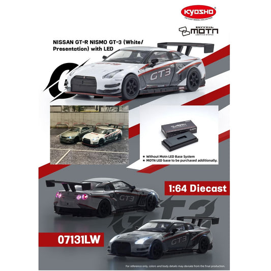 KYOSHO 1/64 Nissan GT-R Nismo GT-3 Presentation with MOTN LED Base Compatible – White 07131LW