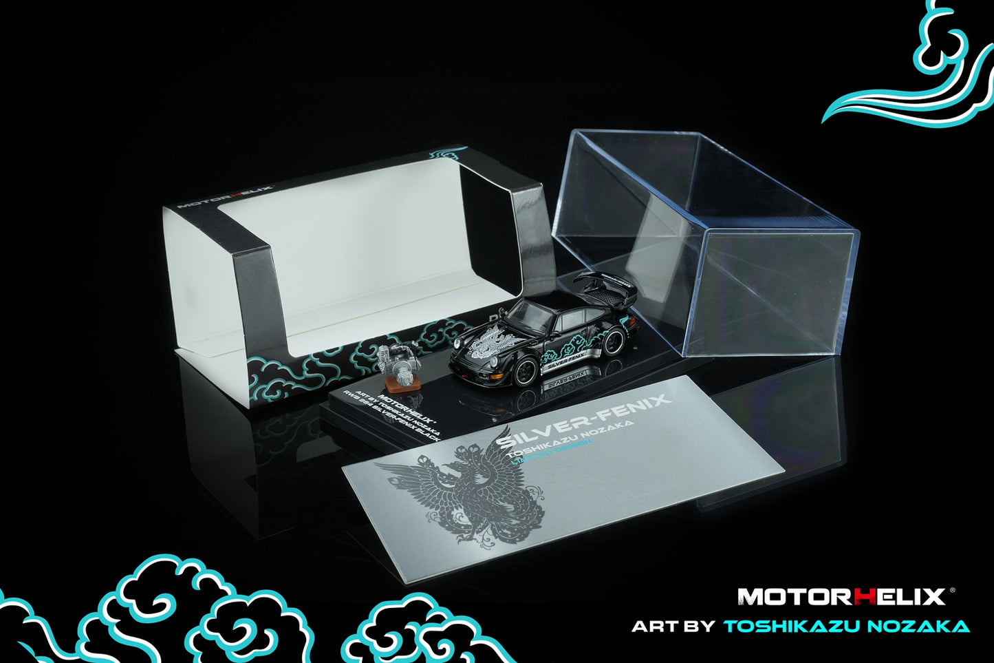 PREORDER Motorhelix 1/64 RWB 964 Black SILVER-FENIX with 1/64 magnetic air-cooled engine M62102 (Approx. Release Date: Q3 2026 and subject to the manufacturer's final decision)