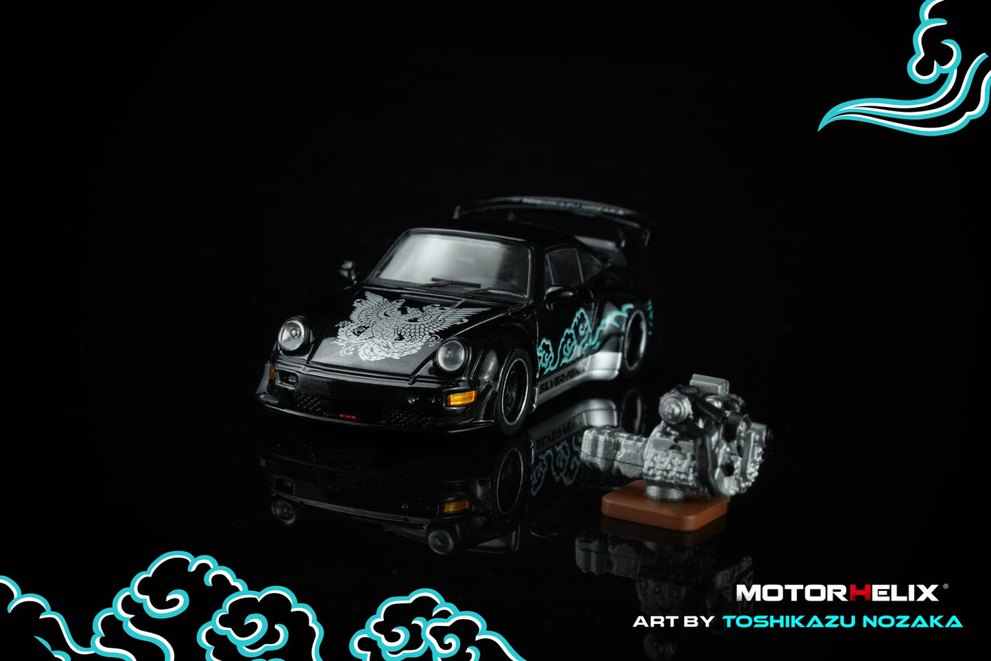 PREORDER Motorhelix 1/64 RWB 964 Black SILVER-FENIX with 1/64 magnetic air-cooled engine M62102 (Approx. Release Date: Q3 2026 and subject to the manufacturer's final decision)