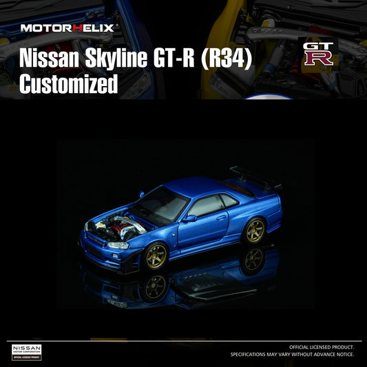 PREORDER Motorhelix 1/64 Nissan Skyline GT-R (R34) Custom Edition - Wangan Blue Custom with GT Aero Kit M63476 (Approx. Release Date: Q3 2026 and subject to the manufacturer's final decision)