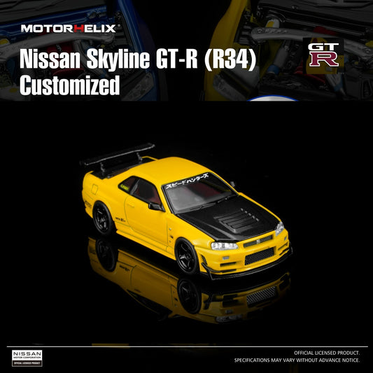 PREORDER Motorhelix 1/64 Nissan Skyline GT-R (R34) Custom Edition - Lightning Yellow Custom with GT Aero Kit M63475 (Approx. Release Date: Q3 2026 and subject to the manufacturer's final decision)