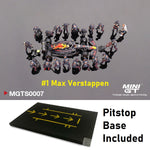 MINI GT 1/64 Oracle Red Bull Racing RB18 #1 Max Verstappen 2022 Abu Dhabi GP Pit Crew Set including Pitstop Base (MGTS0007 and MGTAC29)