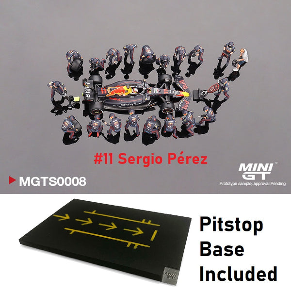 MINI GT 1/64 Oracle Red Bull Racing RB18 #11 Sergio Pérez 2022 Abu Dhabi GP Pit Crew Set including Pitstop Base (MGTS0008 and MGTAC29)