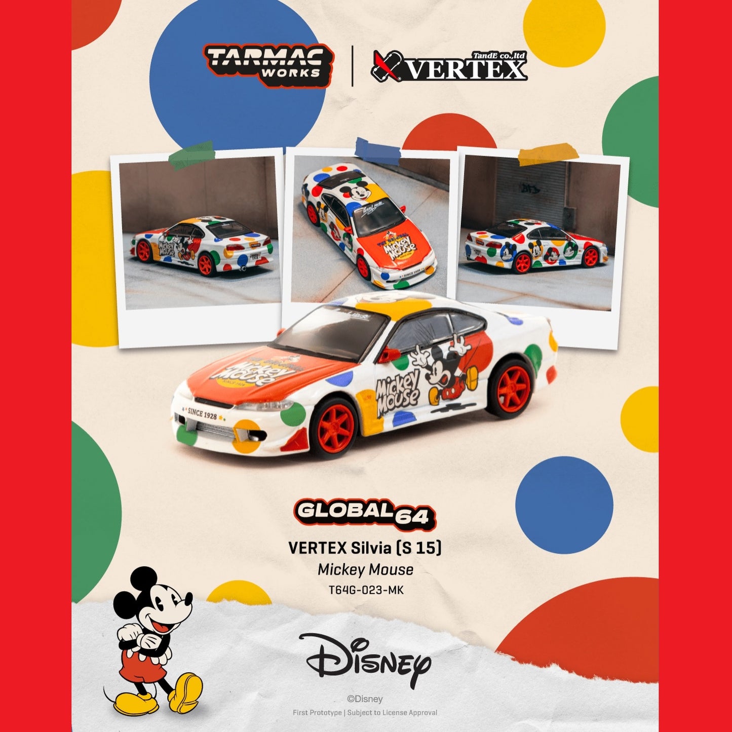 PREORDER TARMAC GLOBAL64 1/64 VERTEX Silvia (S15) Mickey Mouse T64G-023-MK (Approx. Release Date :  MAY 2026 subject to manufacturer's final decision)