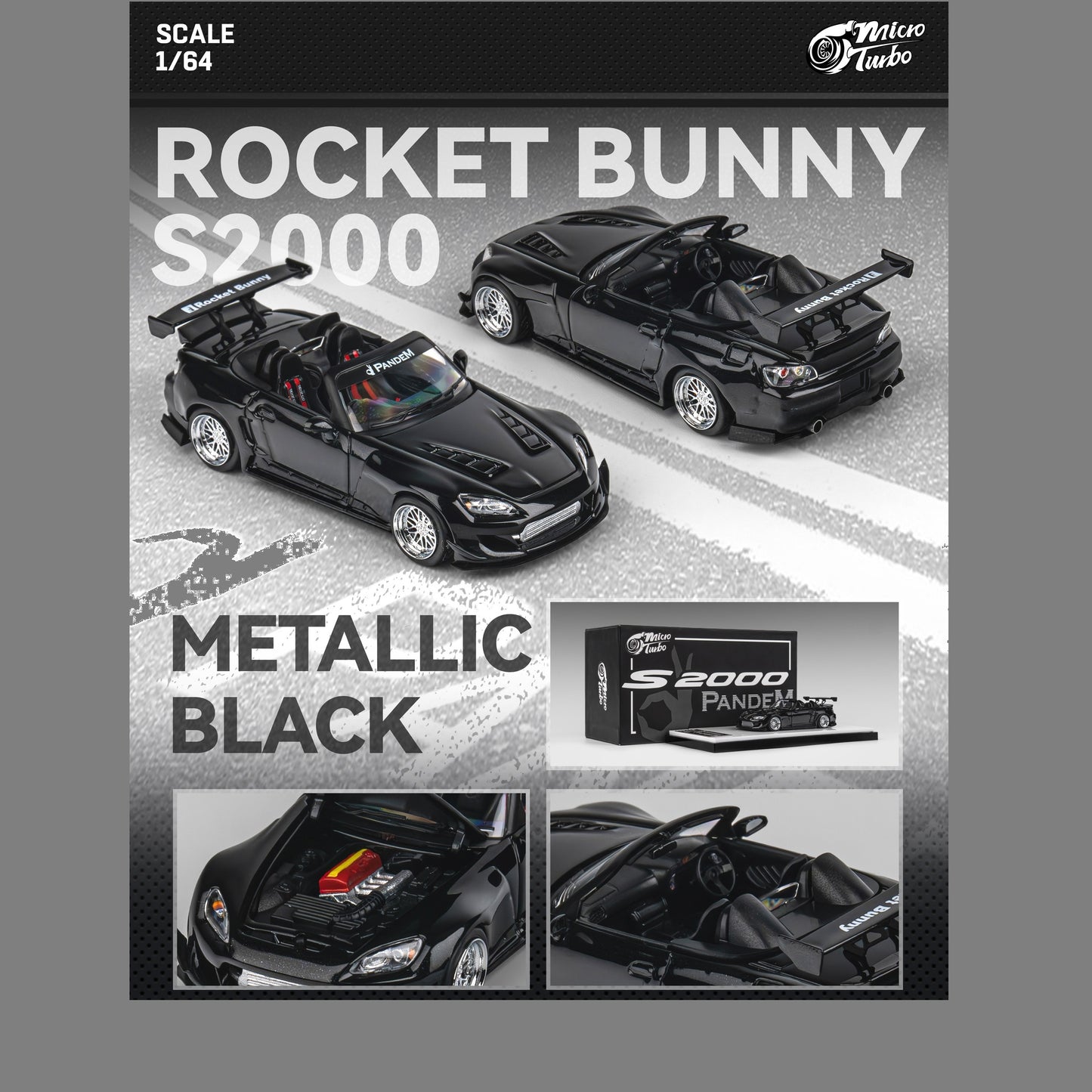 Micro Turbo 1/64 Custom S2000 Rocket Bunny - Metallic Black MT6408B3
