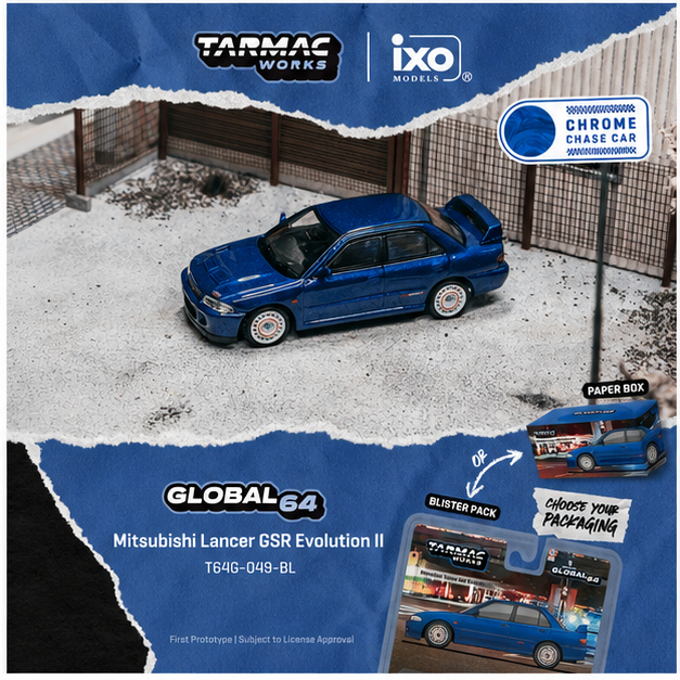 PREORDER Tarmac Works GLOBAL64 1/64 Mitsubishi Lancer GSR Evolution II Blue T64G-049-BL (Approx. Release Date :  SEP 2026 subject to manufacturer's final decision) **Chase cars are randomly packed**
