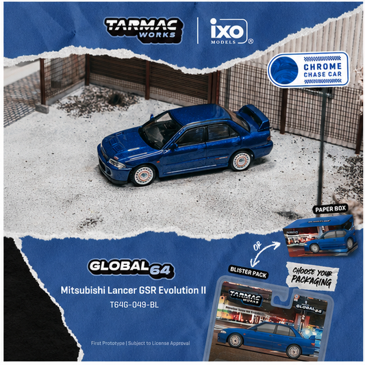 PREORDER Tarmac Works GLOBAL64 1/64 Mitsubishi Lancer GSR Evolution II Blue T64G-049-BL (Approx. Release Date :  SEP 2026 subject to manufacturer's final decision) **Chase cars are randomly packed**