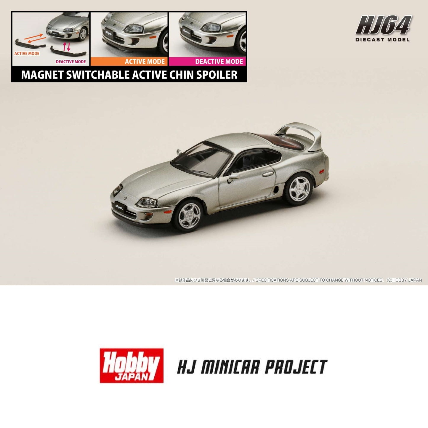 HOBBY JAPAN 1/64 Toyota SUPRA RZ (JZA80) with Active Spoiler Parts Silver HJ642042S