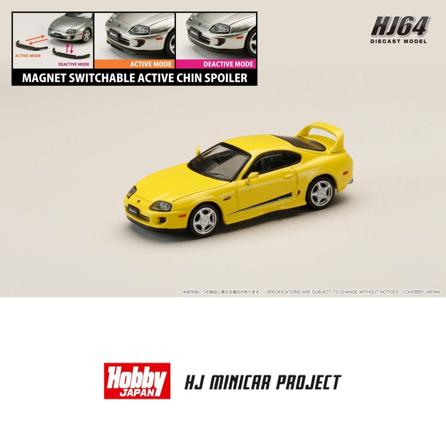 HOBBY JAPAN 1/64 Toyota SUPRA RZ (JZA80) GENUINE CUSTOMIZED VERSION with Active Spoiler Parts Yellow HJ643042Y