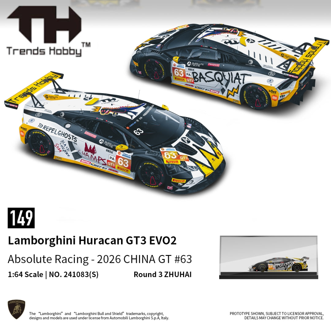 PREORDER Trends Hobby 1/64 Lamborghini Huracan GT3 Evo 2-CHINA GT ZHUHAI 2026 #63 (Acrylic Box) 241083(S) (Approx. Release Date: Q4 2026 and subject to the manufacturer's final decision)
